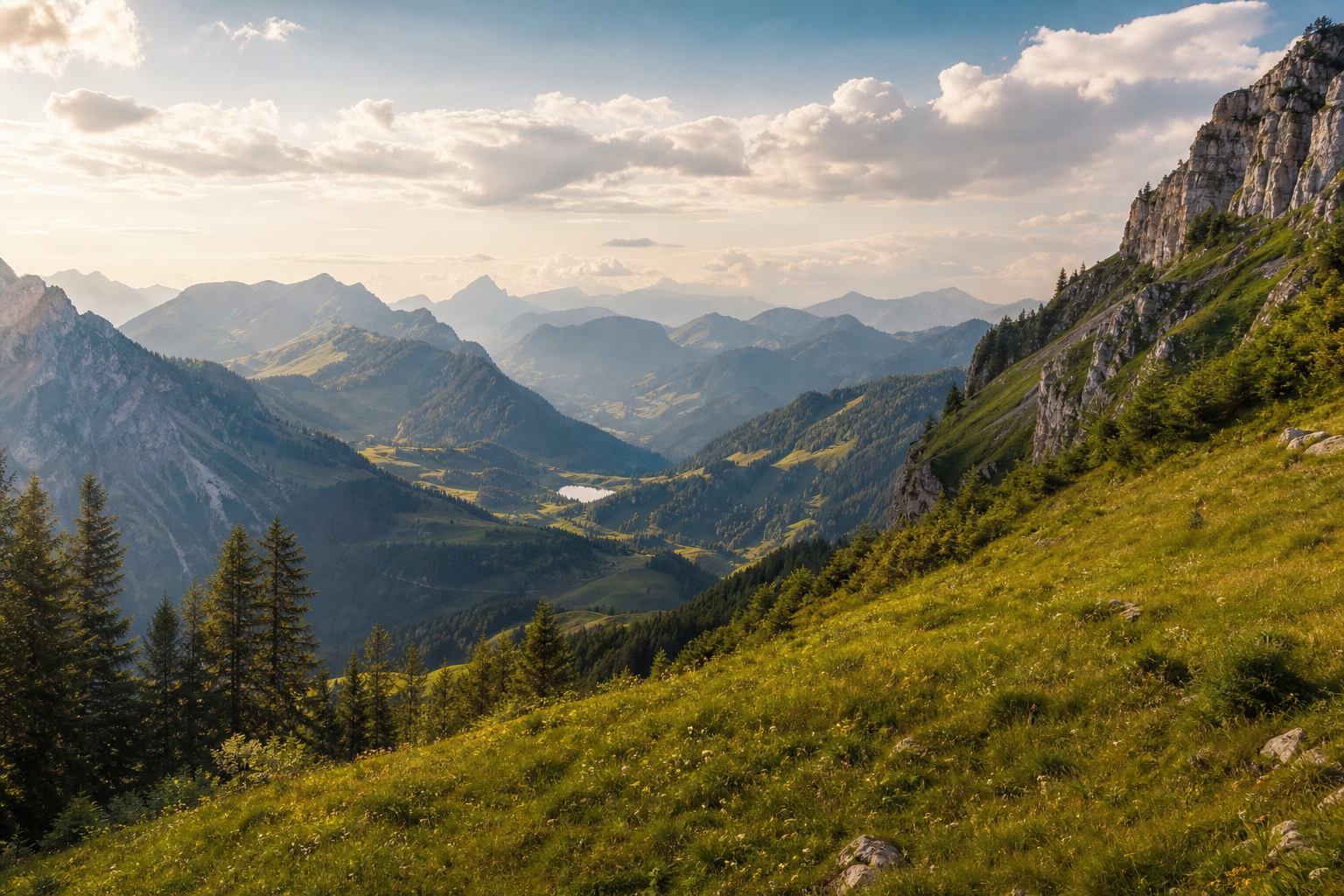 Bayerische Alpen mit Nebelbänken über den Tälern